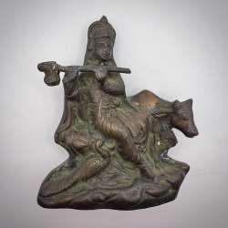 Antique Asian Bronze Buddha Hindu Krishna with Cow Figure Statue Tibet 5.1