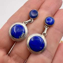 Vintage Silver 800 Women's Jewelry Stud Earrings Lapis Lazuli Gemstone Marked