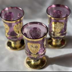 Vintage-Three-Crystal-Glasses-Amethyst-Italian-Cut-Clear-Goblet-gold-purple