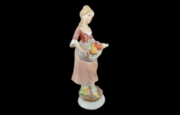 Woman Figurine Small Vintage Ceramic Handmade Japan Carved Decor Holding Basket