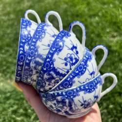 Vintage Tea Coffee Porcelain Cherry Blossoms Set of 5 Cups Floral Japan Signed