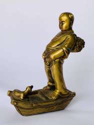 Heavy-Vintage-Collectible-Bronze-Brass-Figure-Statue-Japanese-Boy-with-Dog