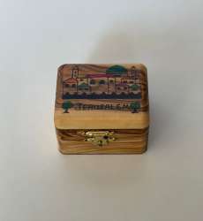 Small Olive Wood Box Handmade Holy Land Colorful Painted Jerusalem Written