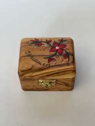 Red Flower Paint Handmade Small Olive Wood Box Jerusalem Written 6x6.5cm