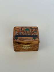 Handmade Olive Wood Box Holy Land Hand-Drawn with Jerusalem Written 6.5 x 5.5CM.