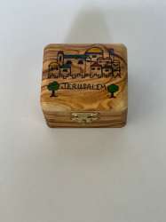 Handmade Olive Wood Small Rosary Box HandDrawn Jerusalem 6x6cm