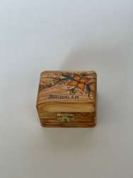 Peach Flower Color Painted Small Olive Wood Handmade Box with Jerusalem Written