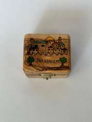 Small Handmade Olive Wood Box Two Green Trees with Jerusalem Houses Hand-Drawn