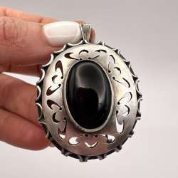 Beautiful Vintage Sterling Silver 925 Black Onyx Pin Brooch Pendant Marked